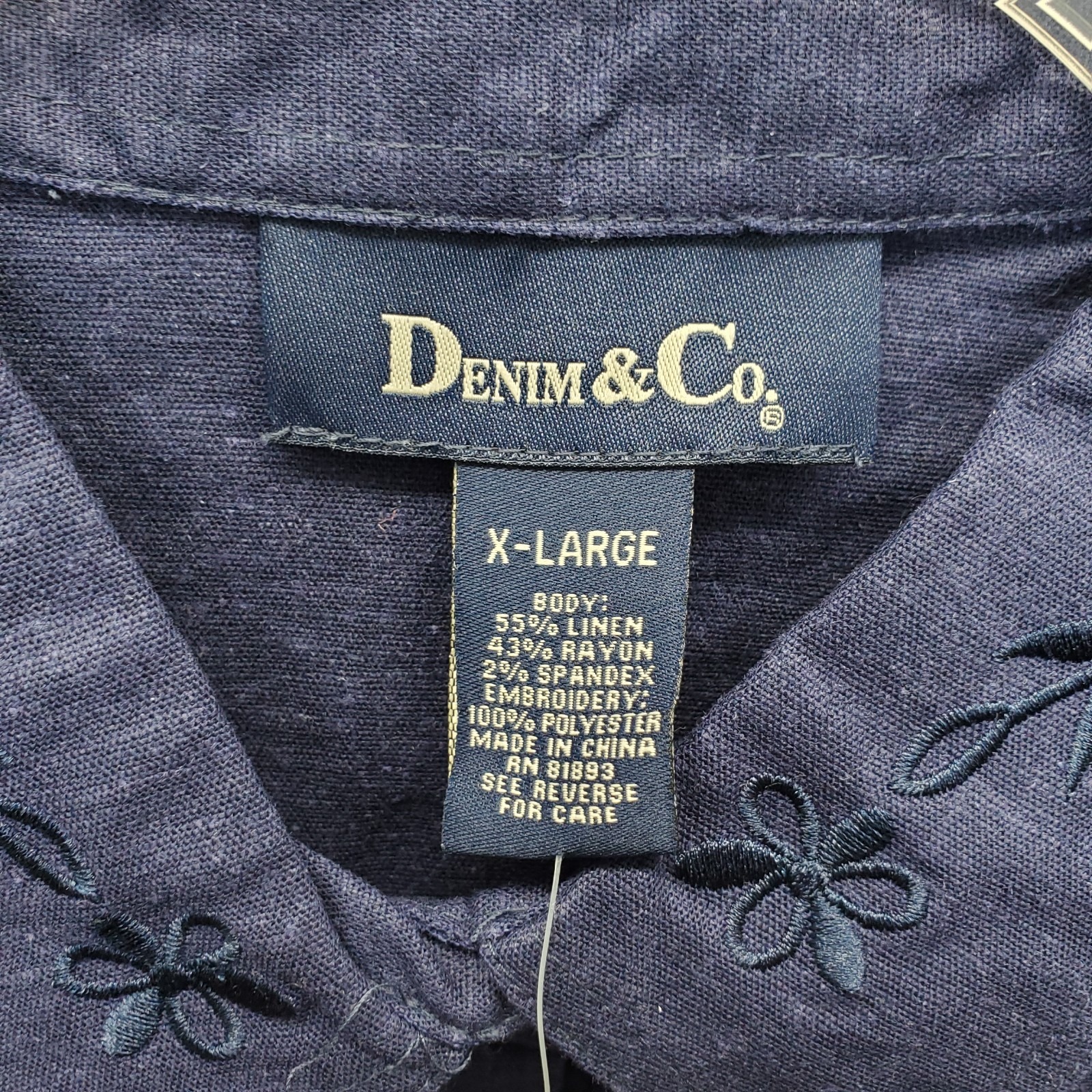 Denim & Co. Blouse Tops Womens Large Navy Embroidery Eyelet Floral Scalloped Hem — image 5 of 7